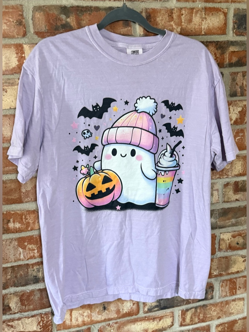 Comfort Colors Orchid Ghost Halloween Tee with Pumpkin & Rainbow Drink